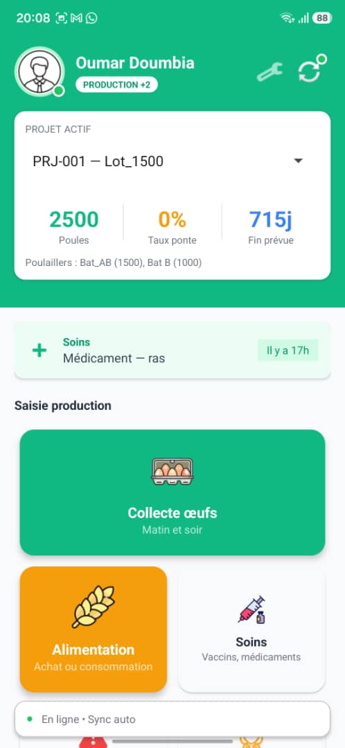 Écran Accueil terrain de l'application mobile Cocorico