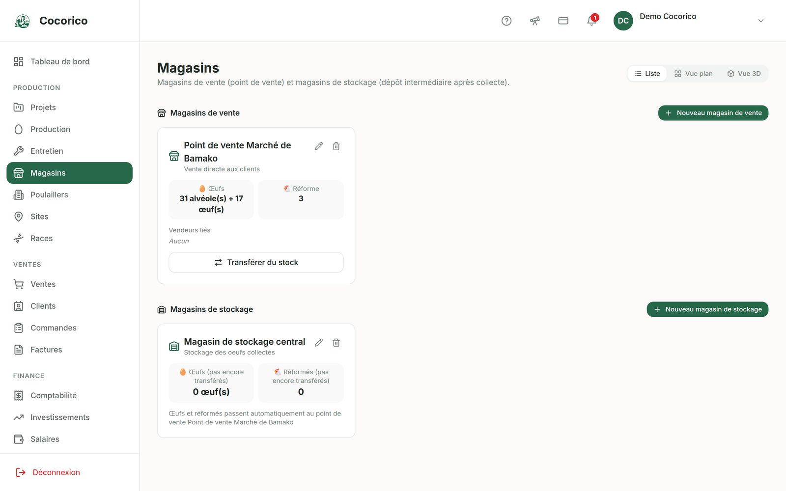 Écran Magasins et stock de l'application web Cocorico