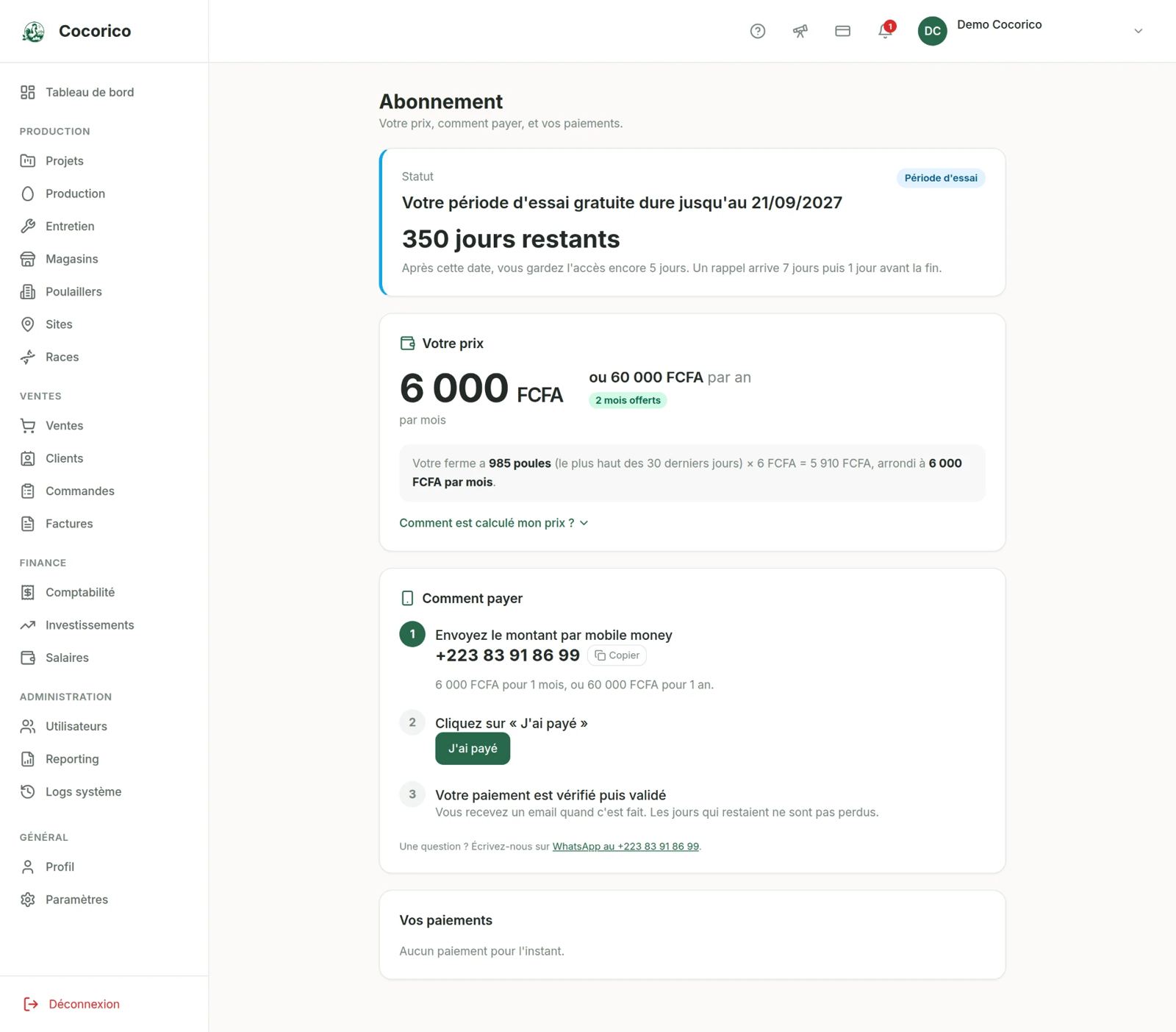 Page Abonnement de l'application Cocorico
