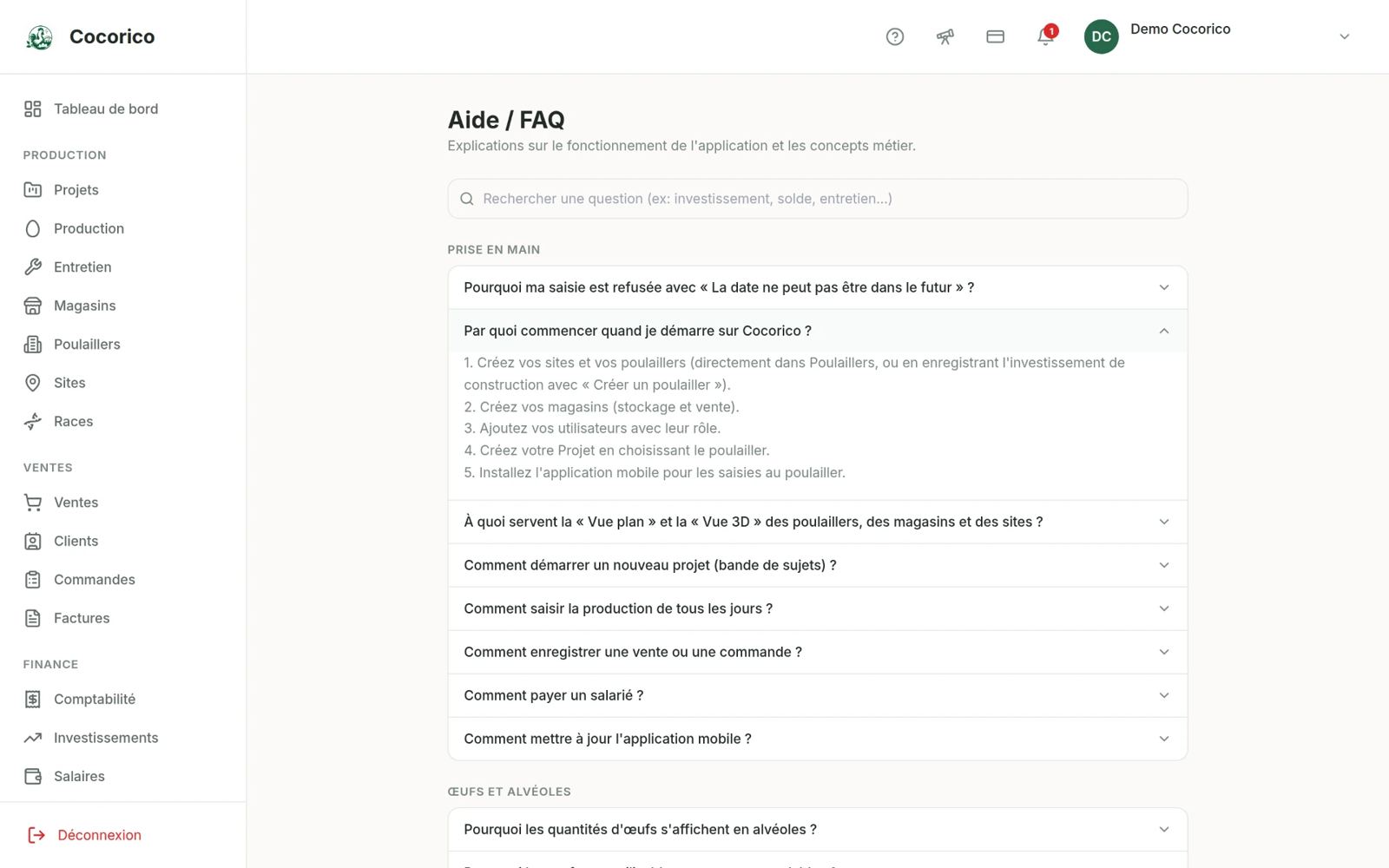 Écran Aide intégrée de l'application web Cocorico
