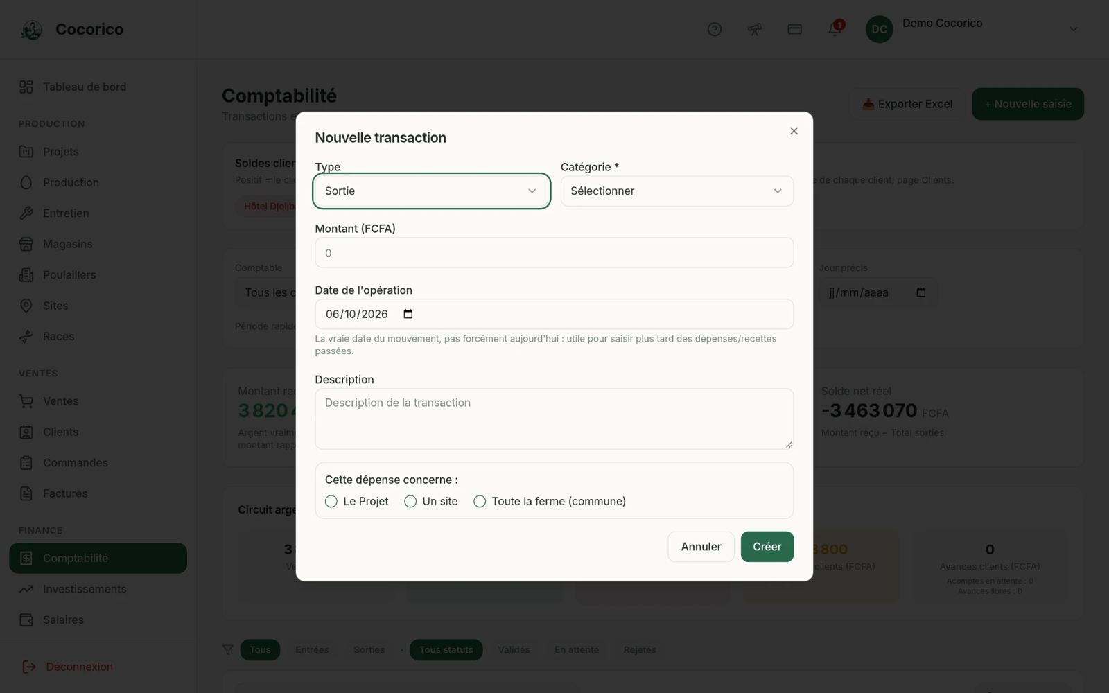 Écran Dépenses de l'application web Cocorico